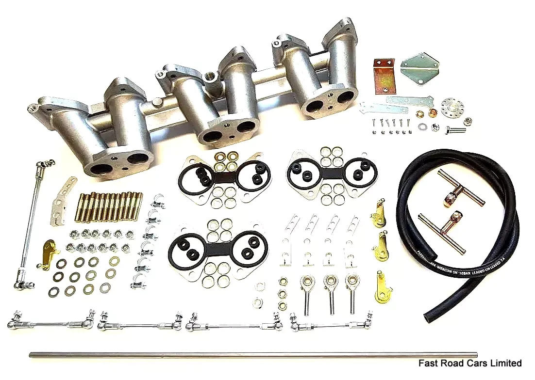 TRIUMPH TR6 WEBER 40 DCOE CARBURETTOR INLET MANIFOLD WITH FITTING KIT & LINKAGE