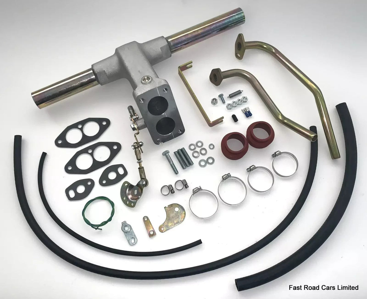VW AIR COOLED T1 & T2 1600 REDLINE MANIFOLD. LINKAGE TO FIT WEBER 32/36 DFEV
