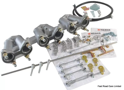TRIUMPH TR6 WEBER 40 DCOE CARBURETTOR INLET MANIFOLD WITH FITTING KIT & LINKAGE